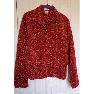 Christopher & Banks Large Red Top Corduroy Button Up Floral Pockets Timeless
